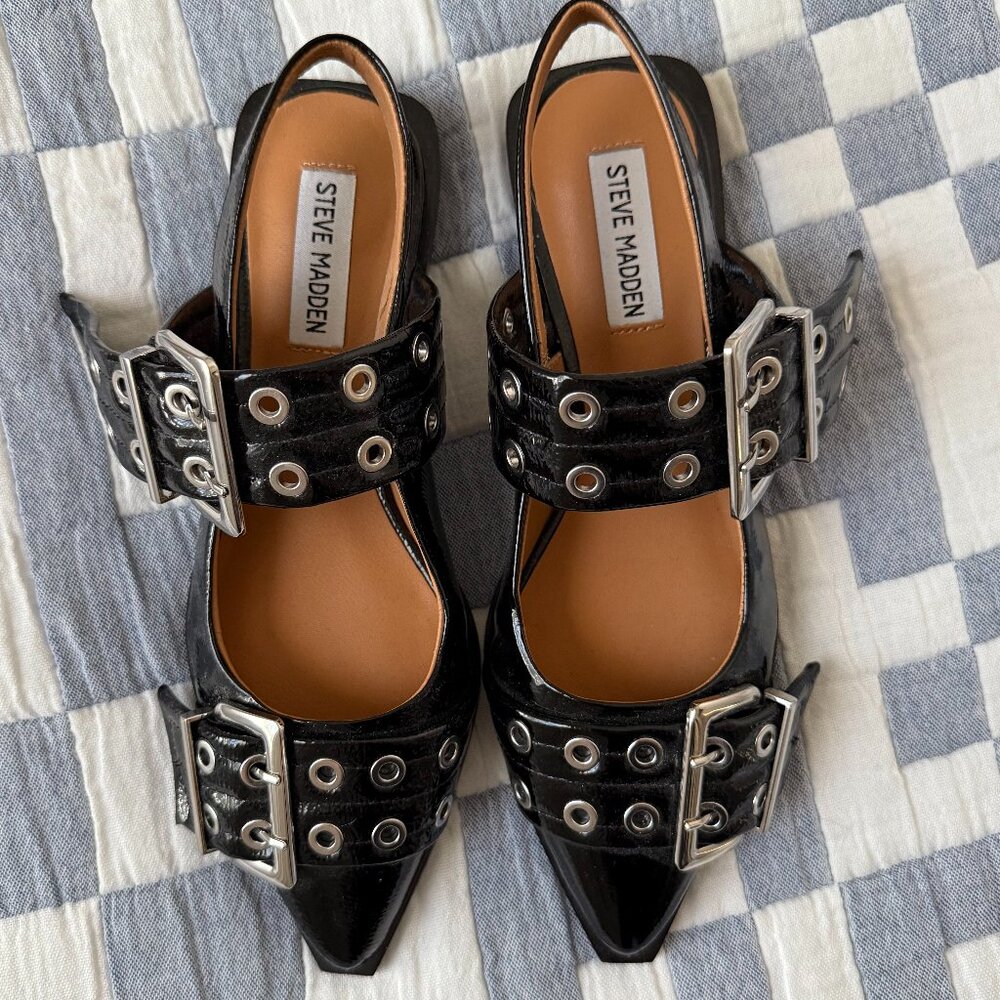 NWOT Steve Madden Graya Black Patent Leather Slingback Flats, Size 7.5